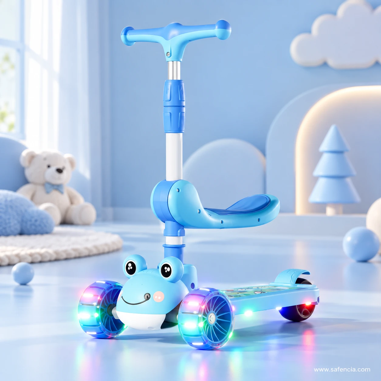 Blue frog kids scooty with seat in a pale blue room with a teddy bear and toy tree behind it