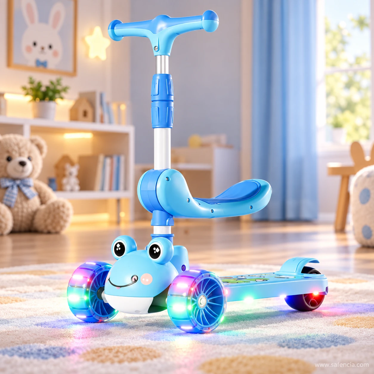 Blue frog kids scooty with seat on a rug in a nursery with a teddy bear and bunny picture