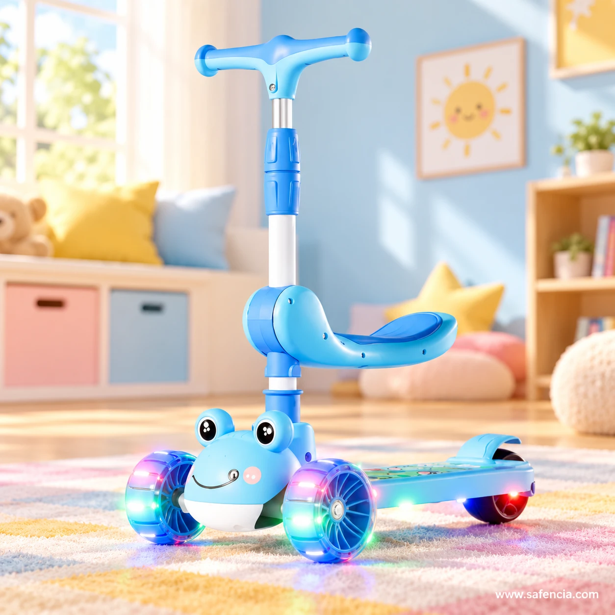Blue frog kids scooty with seat on a pastel rug in a playroom with shelves and a sun picture