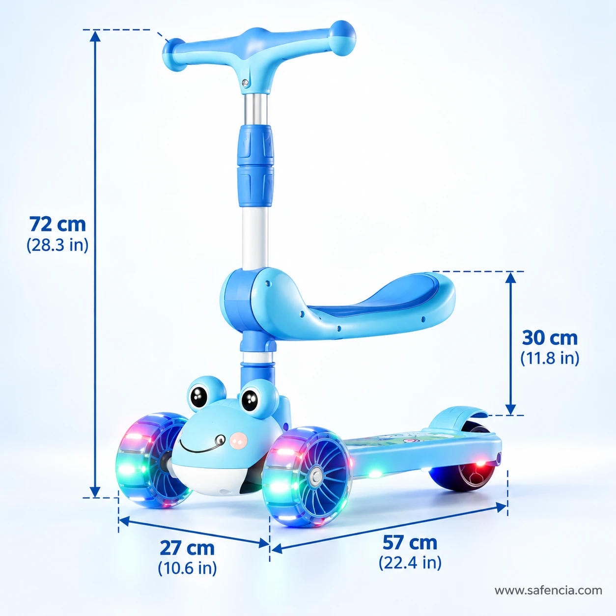 Size chart for the blue frog kids scooty: 72 cm handle height, 30 cm seat height, 57 cm length, 27 cm width
