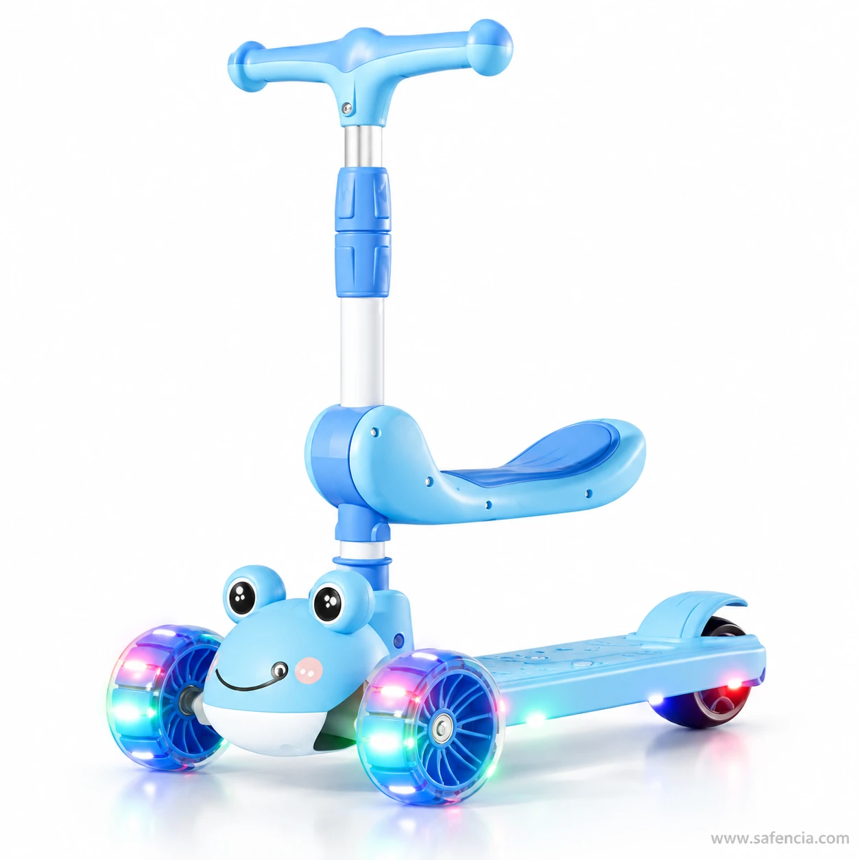 Blue frog kids scooty with seat at three-quarter angle showing the frog face and red-lit rear wheel
