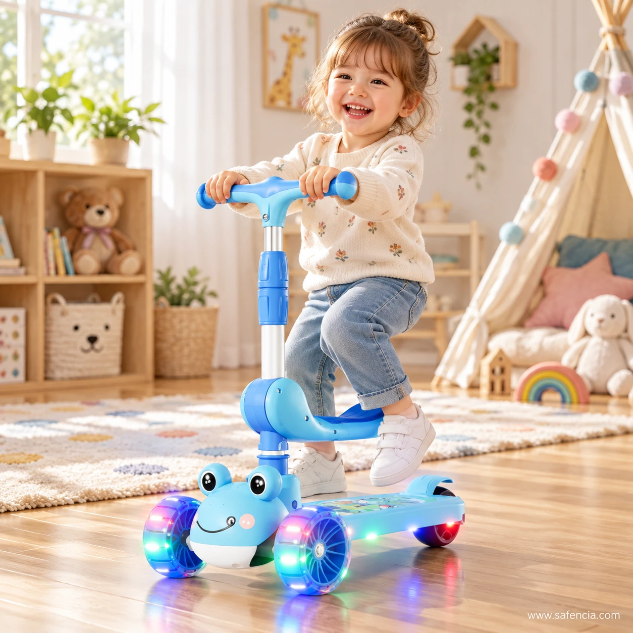 Toddler girl sitting on the seat of the blue frog kids scooty and holding the handlebar indoors