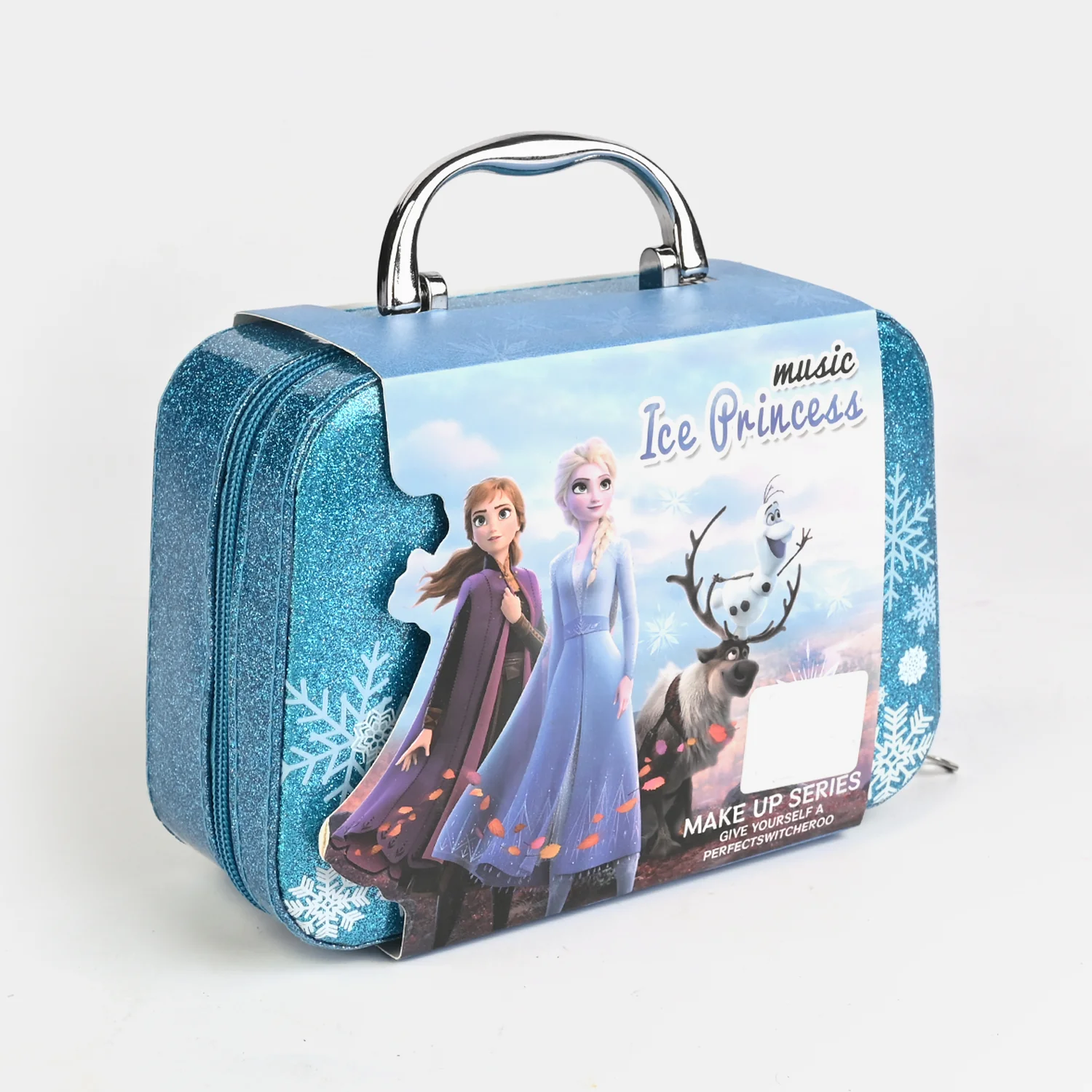 Blue Glitter Makeup Briefcase side view - carry handle case