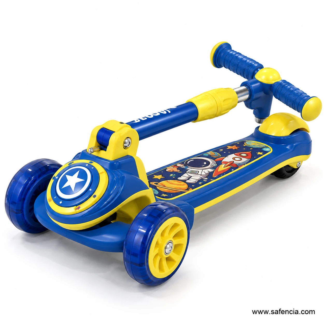 Blue space kids scooty folded with the handlebar lying over the space-print deck