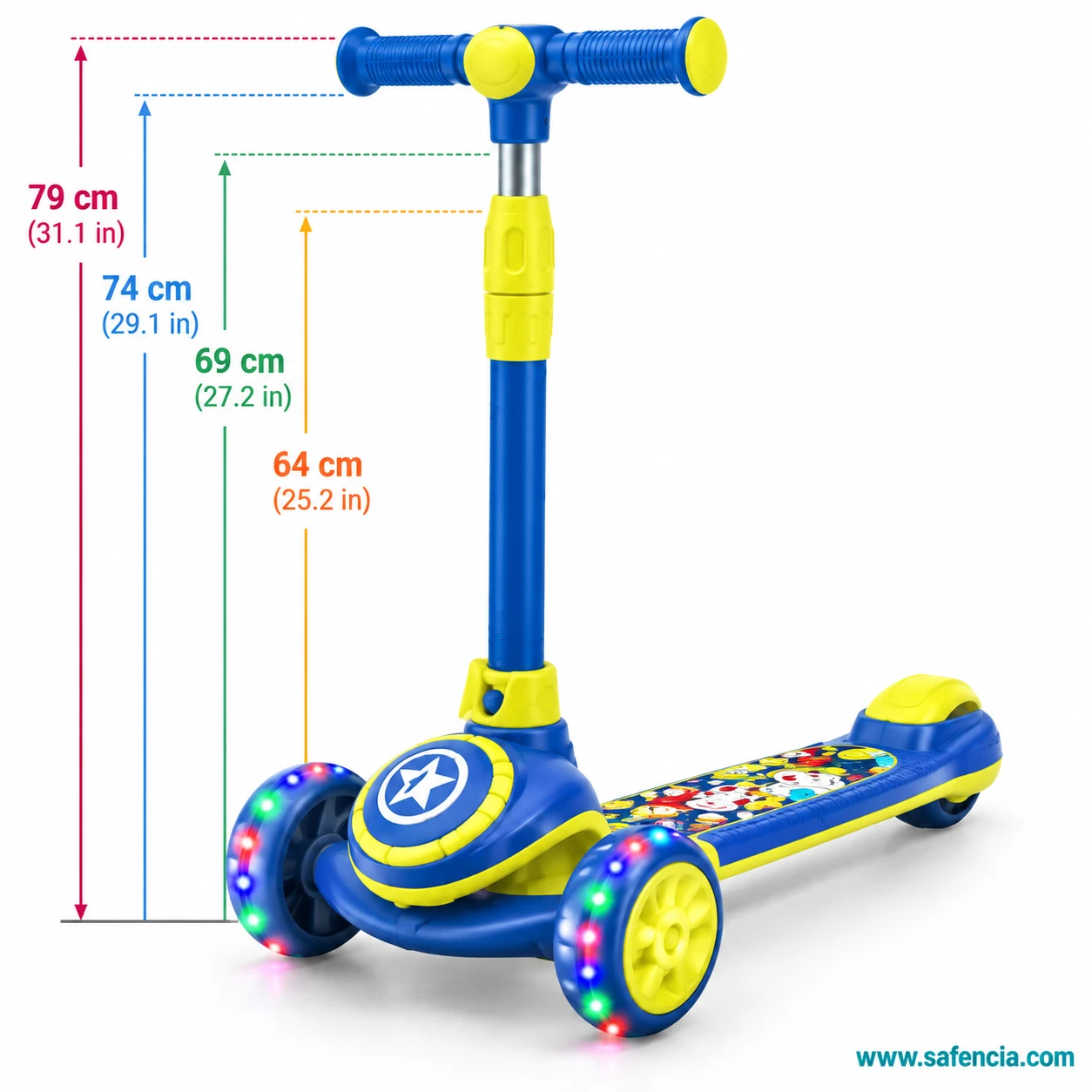 Blue space kids scooty handle heights chart showing 64, 69, 74 and 79 cm settings