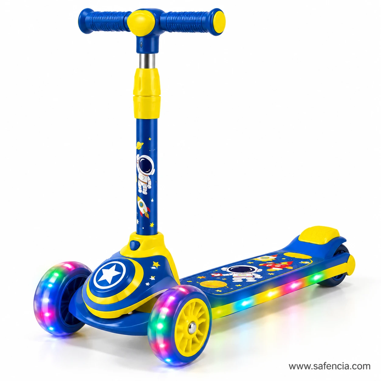 Front view of the blue space kids scooty showing the star shield between the two front wheels