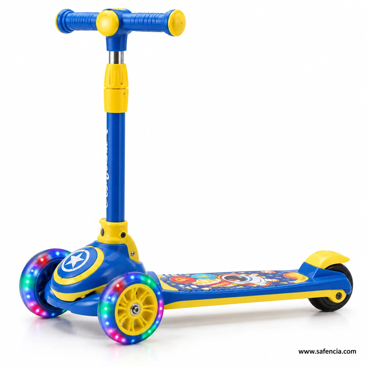 Royal blue and yellow space kids scooty with its lights on and the star shield on the nose