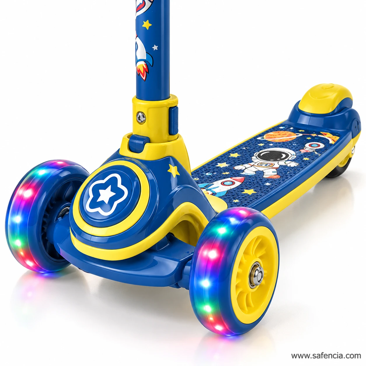 Close view of the blue space kids scooty star shield and the astronaut and rocket deck print