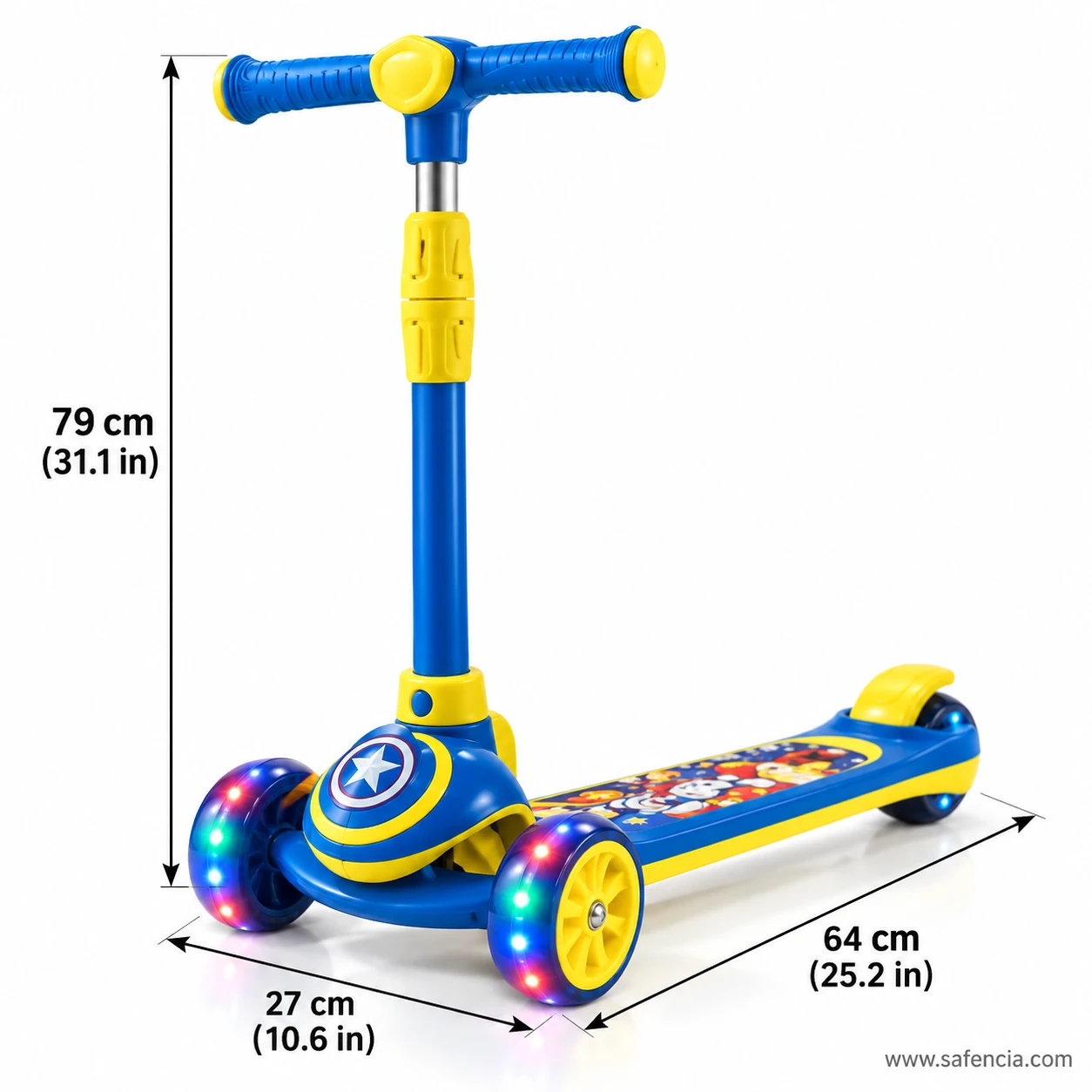 Size chart of the blue space kids scooty: 79 cm height, 27 cm width and 64 cm length