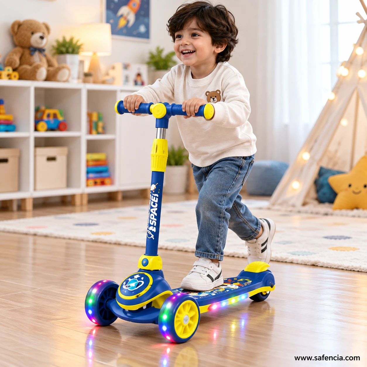Smiling boy riding the blue space kids scooty through a playroom