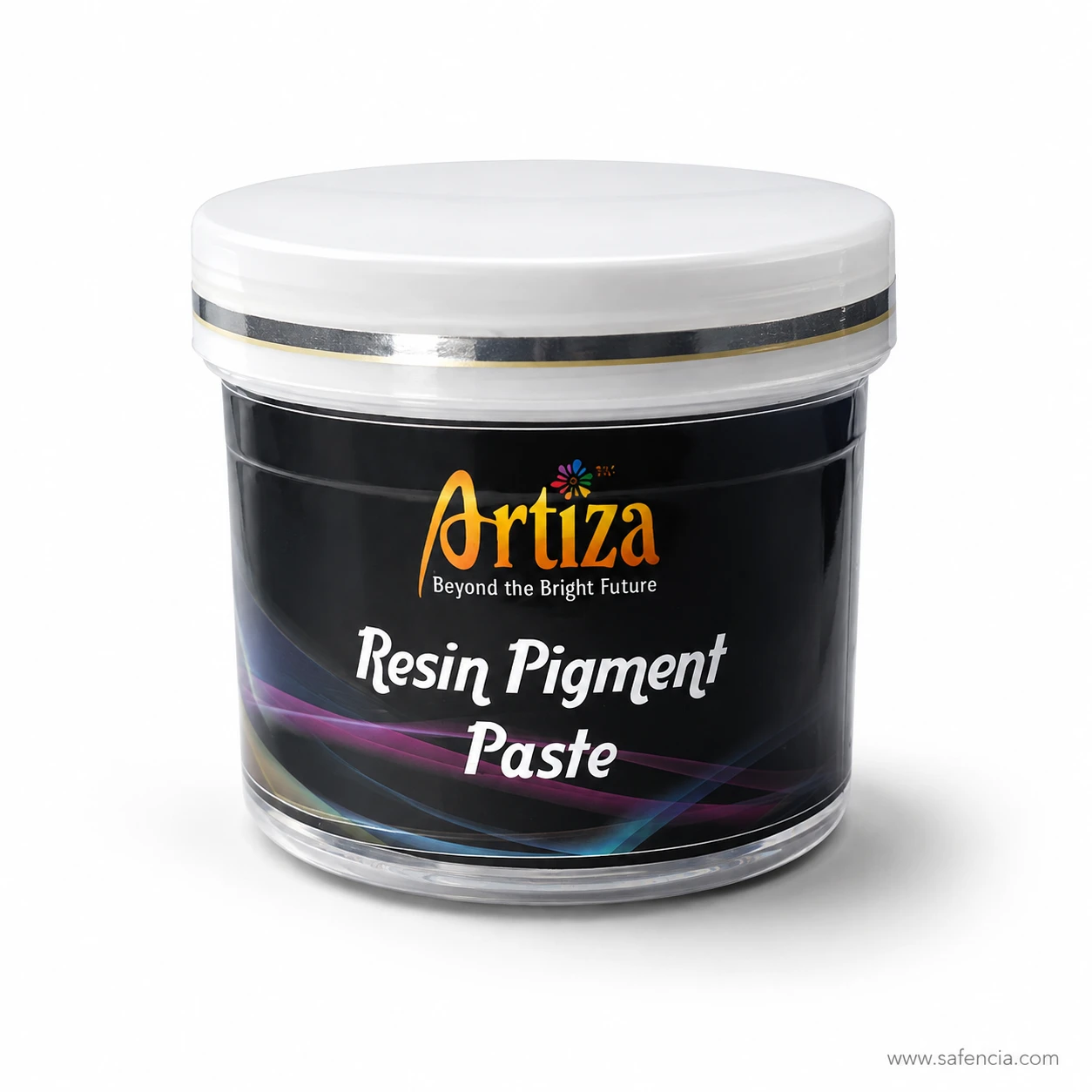Artiza Resin Pigment Paste jar angled view showing Beyond the Bright Future branding and deep pigment tone