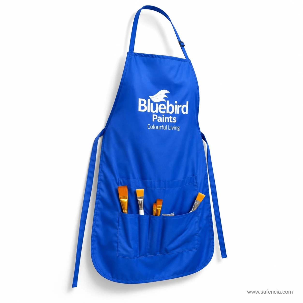 Bluebird Artists' Apron angled hanging view showing adjustable neck strap and side waist ties