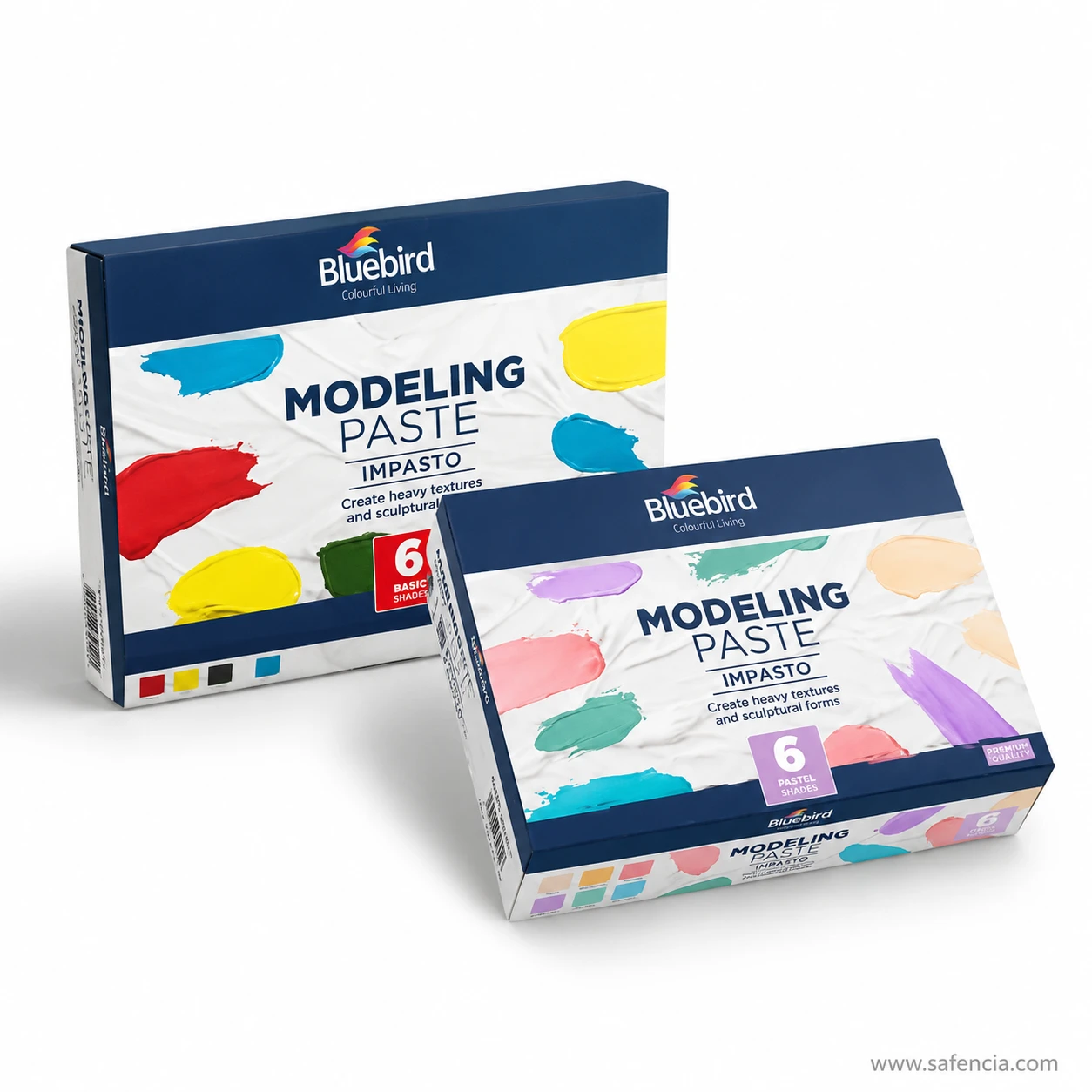 Bluebird Modeling Paste 125g 6-jar packaging boxes side angle view showing shade swatches and packaging details
