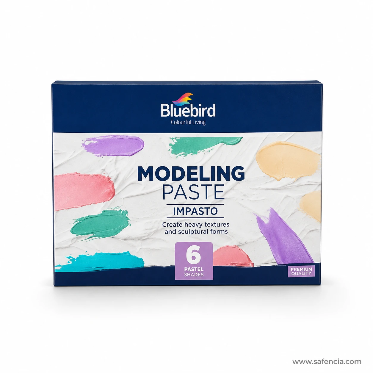 Bluebird Modeling Paste Impasto 6 Pastel Shades 125g box front with soft pastel textured palette knife swatches