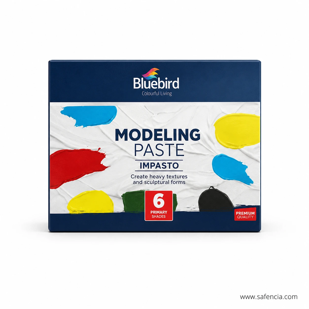 Bluebird Modeling Paste Impasto 6 Primary Shades 125g box front with vivid textured acrylic paint swatch strokes