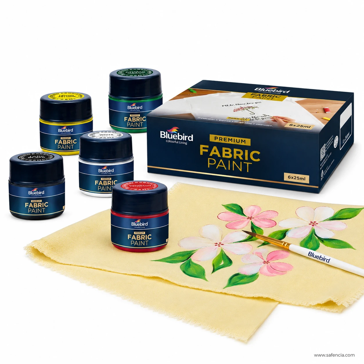 Bluebird Fabric Paints 25 mL set with painted floral yellow cloth swatch and fine detail paintbrush