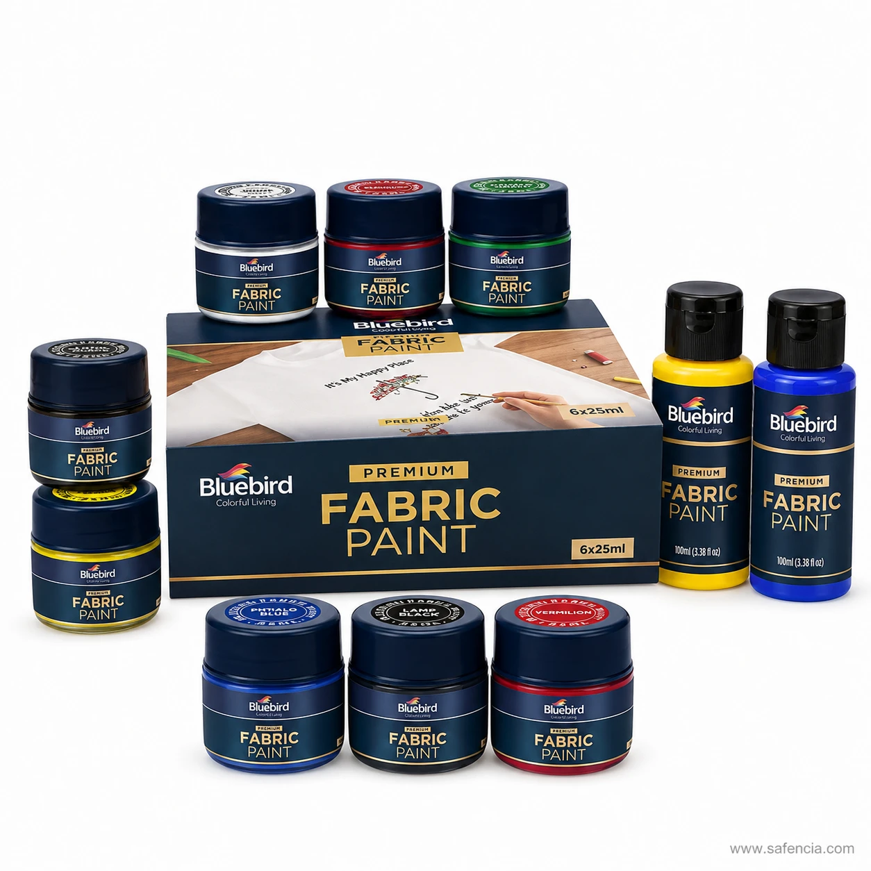 Bluebird Fabric Paints studio display lineup showing 25ml jars and 100ml squeeze bottles on white background