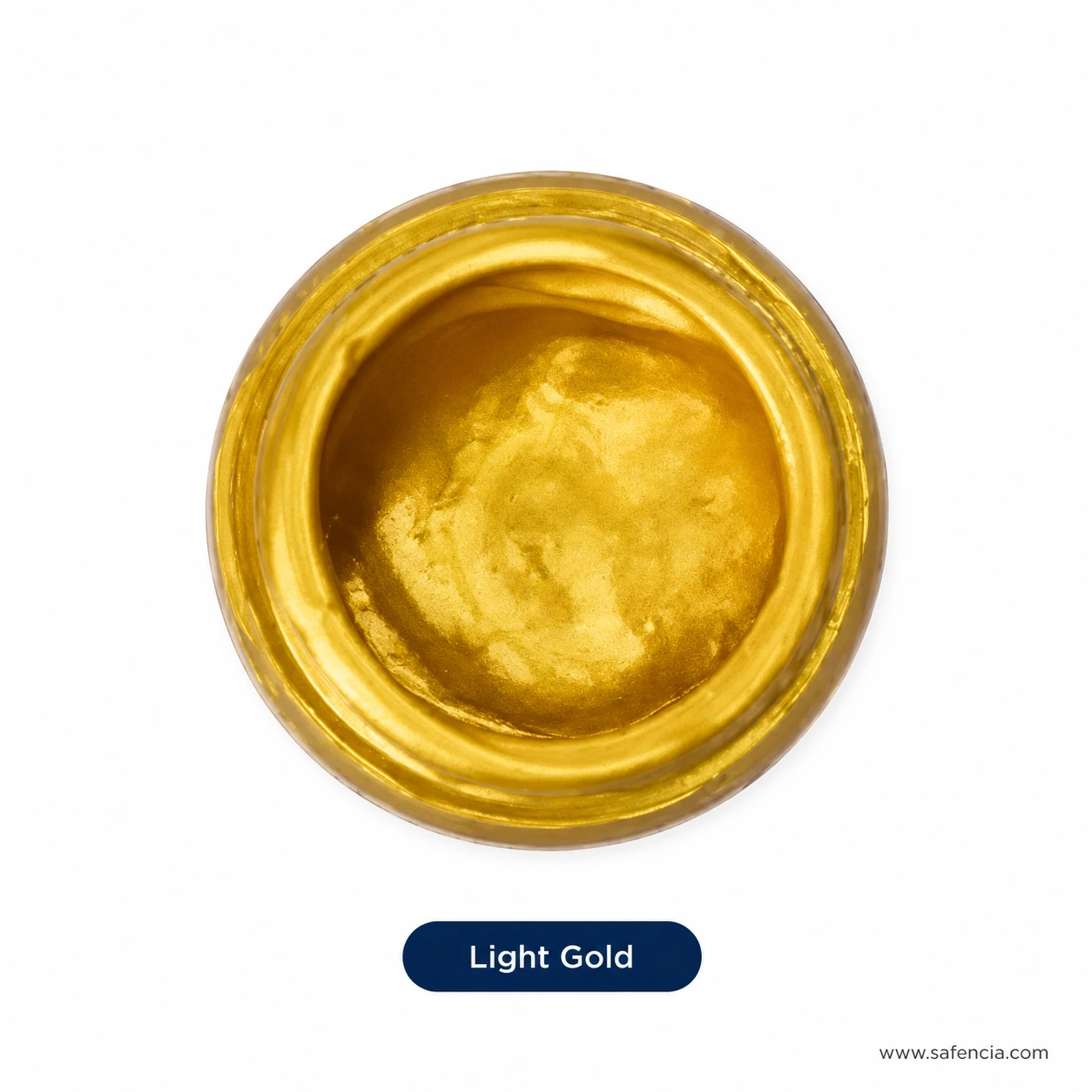 Bluebird 100 mL Light Gold metallic fabric paint jar showing luminous champagne gold shimmer swirl
