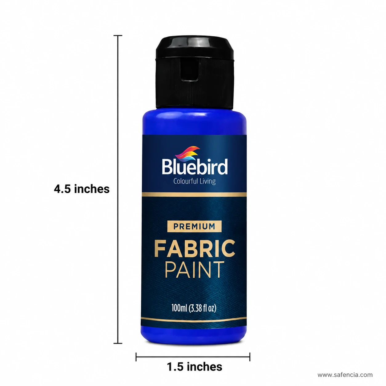Bluebird 100 mL metallic fabric paint squeeze bottle showing 4.5 inch height and 1.5 inch diameter measurements