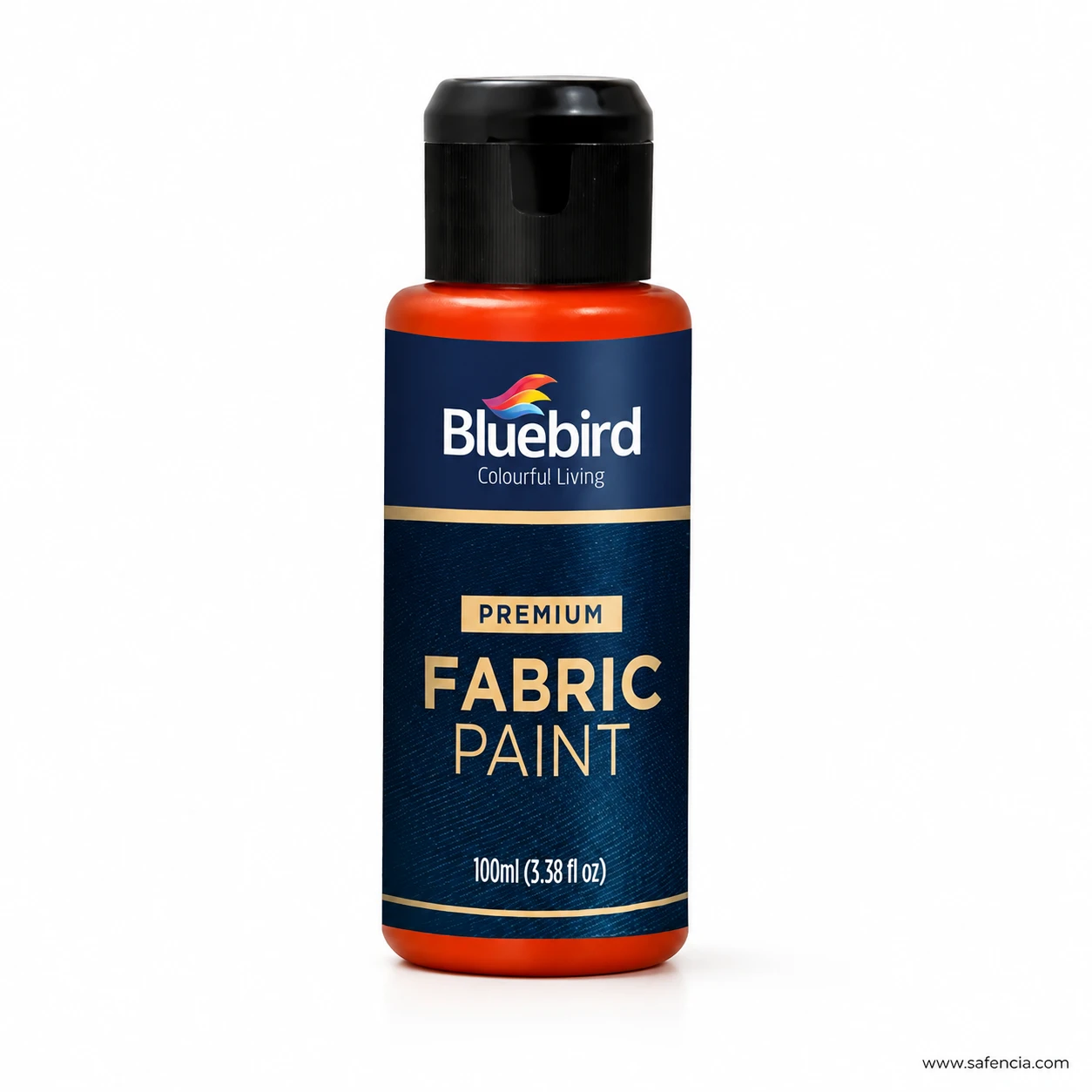 Bluebird 100 mL fabric paint squeeze bottle with black flip cap standing upright on white background
