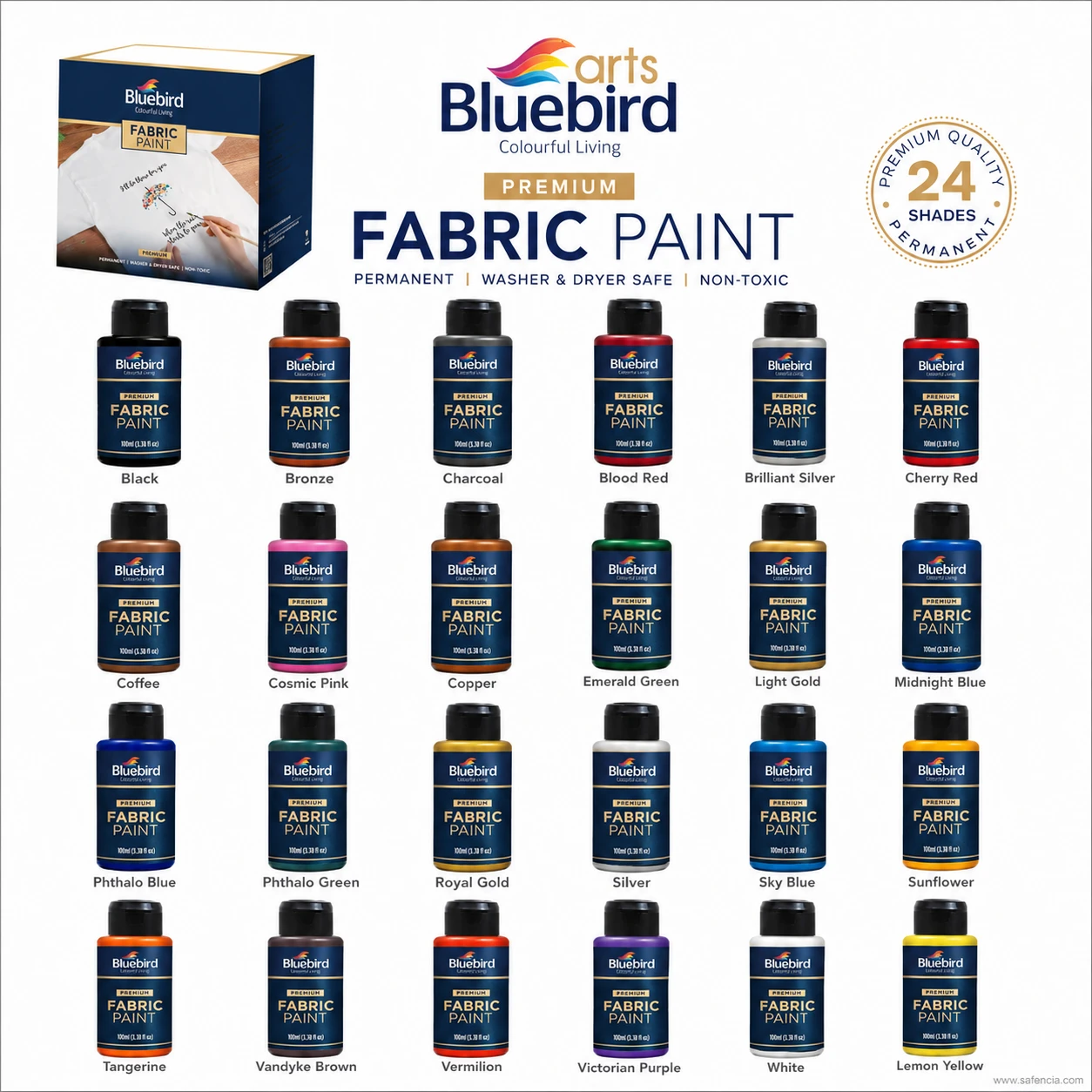 Bluebird Arts Premium Fabric Paint 24-shade colour chart showing full range of solid and metallic colours