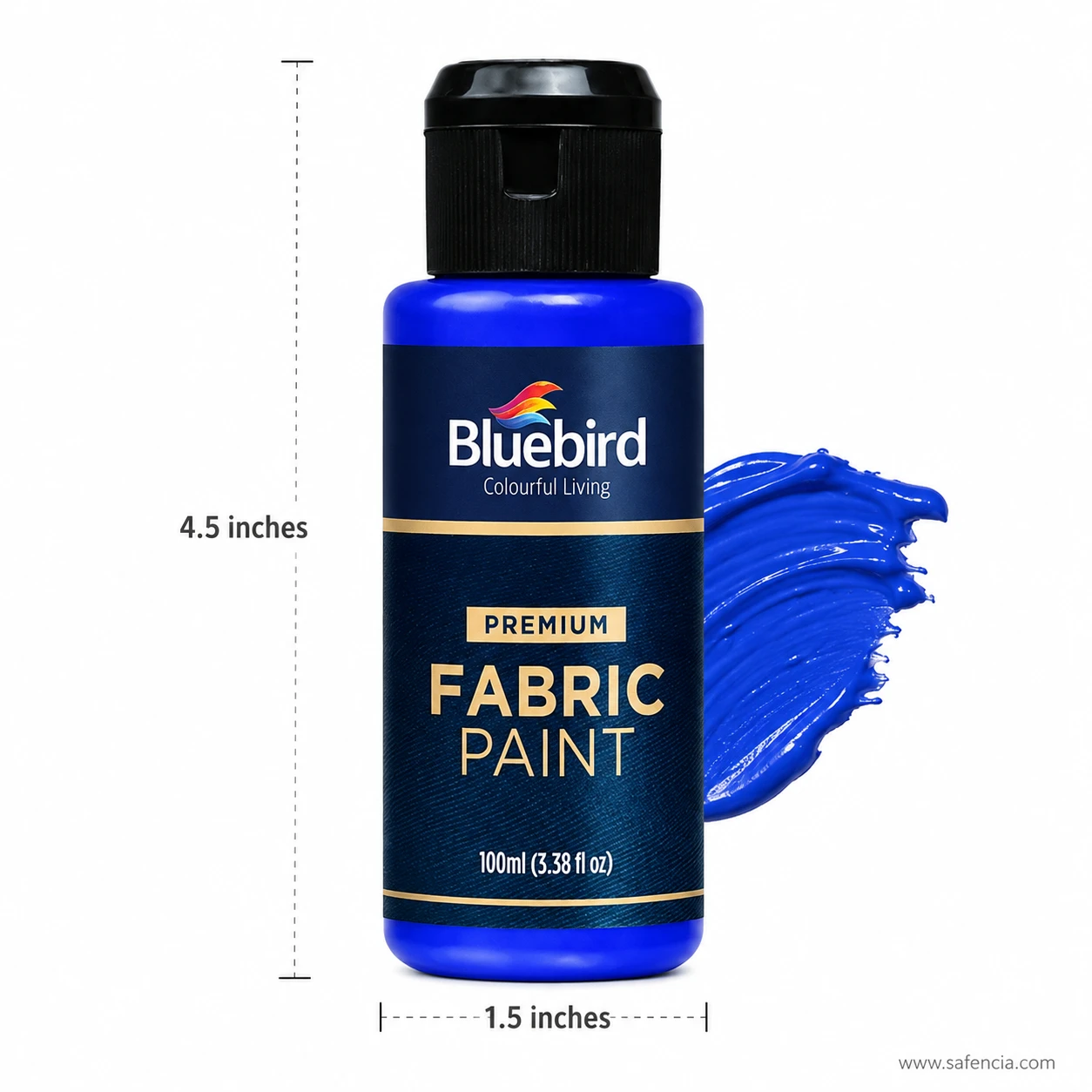 Bluebird 100 mL fabric paint squeeze bottle showing 4.5 inch height and 1.5 inch diameter dimensions beside blue paint swatch