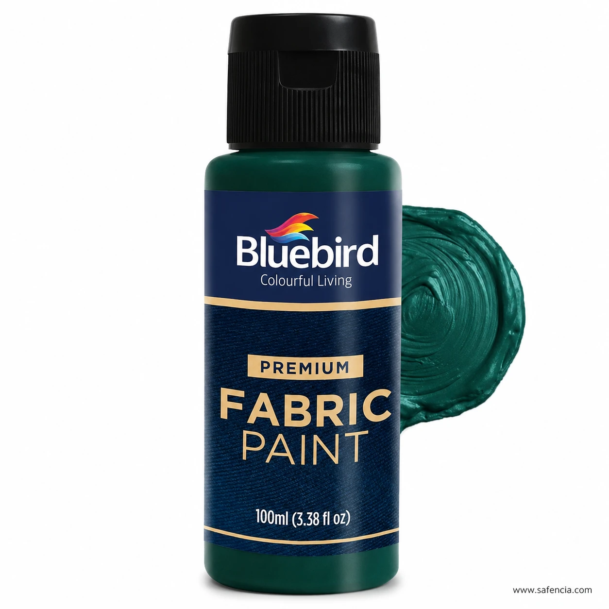 Bluebird 100 mL Emerald Green fabric paint squeeze bottle with deep green textile paint swatch