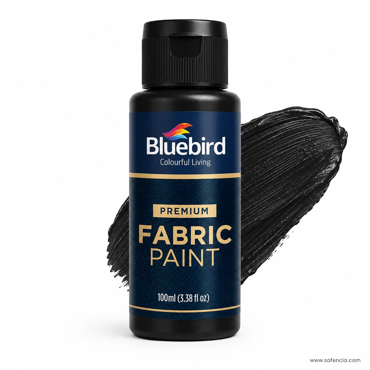 Bluebird 100 mL Lamp Black fabric paint bottle with deep opaque black acrylic paint swatch