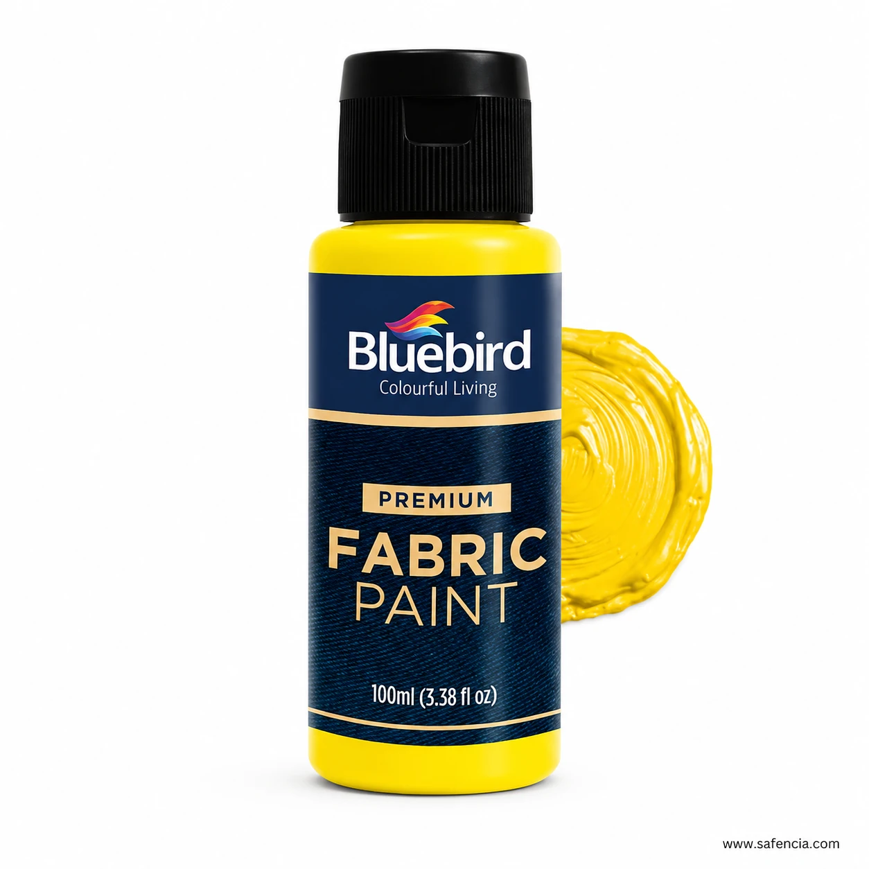 Bluebird 100 mL Lemon Yellow fabric paint bottle with bright yellow opaque paint swatch