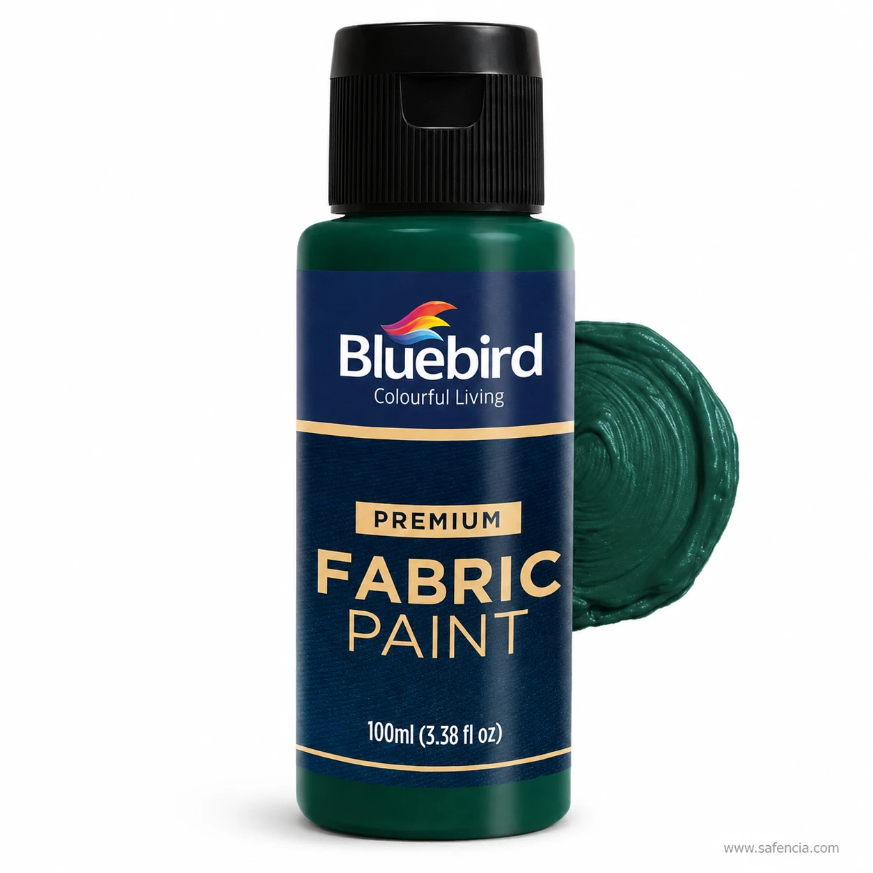 Bluebird 100 mL Pthalo Green fabric paint bottle with intense rich green textile paint swatch