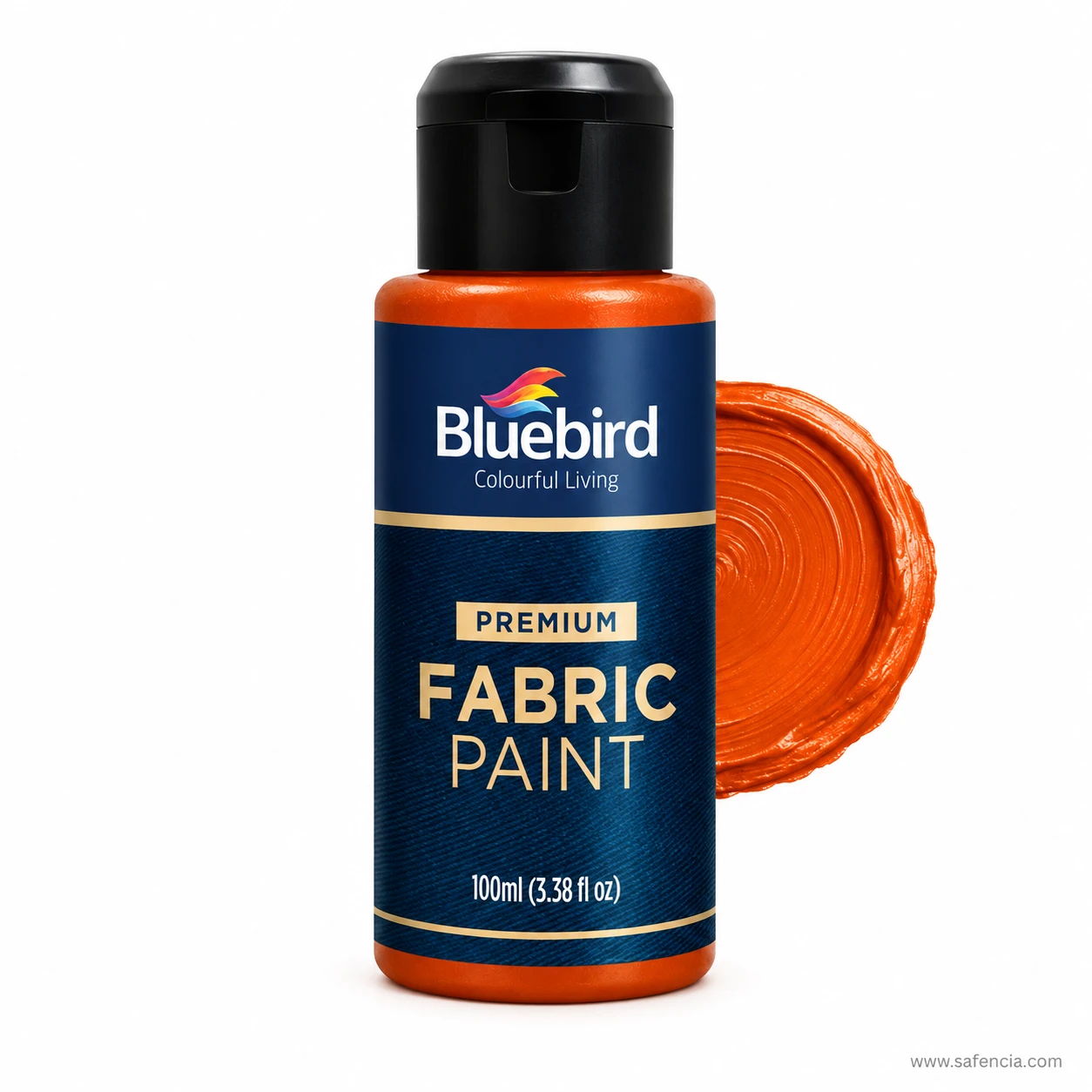 Bluebird 100 mL Tangerine orange fabric paint bottle with vibrant curved acrylic paint swatch