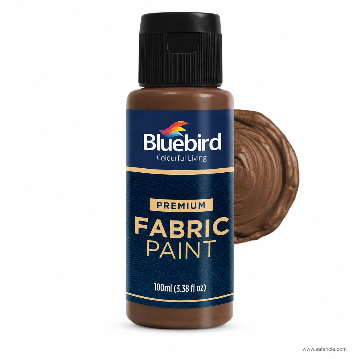 Bluebird 100 mL Vandyke Brown fabric paint bottle with rich deep brown acrylic paint swatch