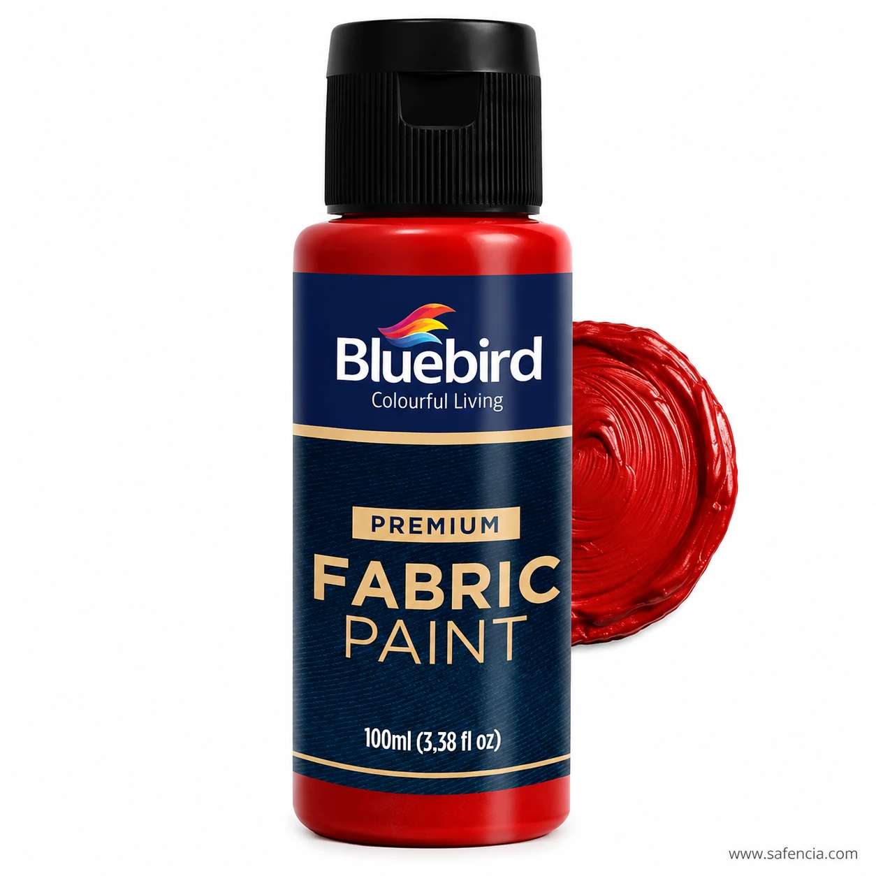 Bluebird 100 mL Vermilion red fabric paint bottle with bright warm red acrylic paint swatch