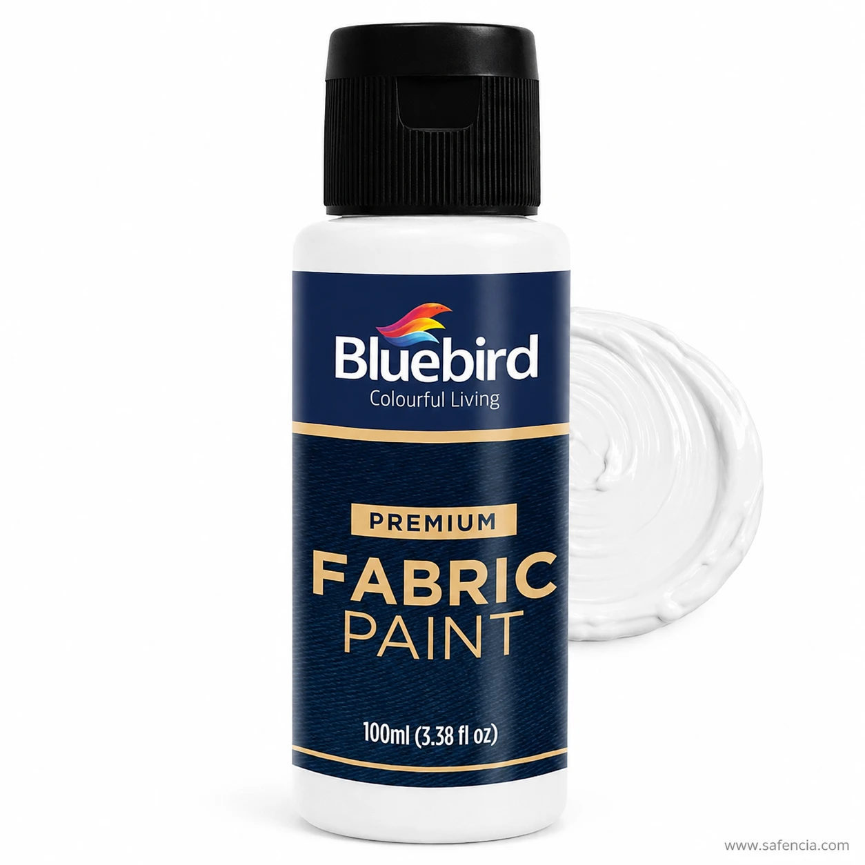 Bluebird 100 mL White fabric paint bottle with pure opaque white acrylic paint swatch