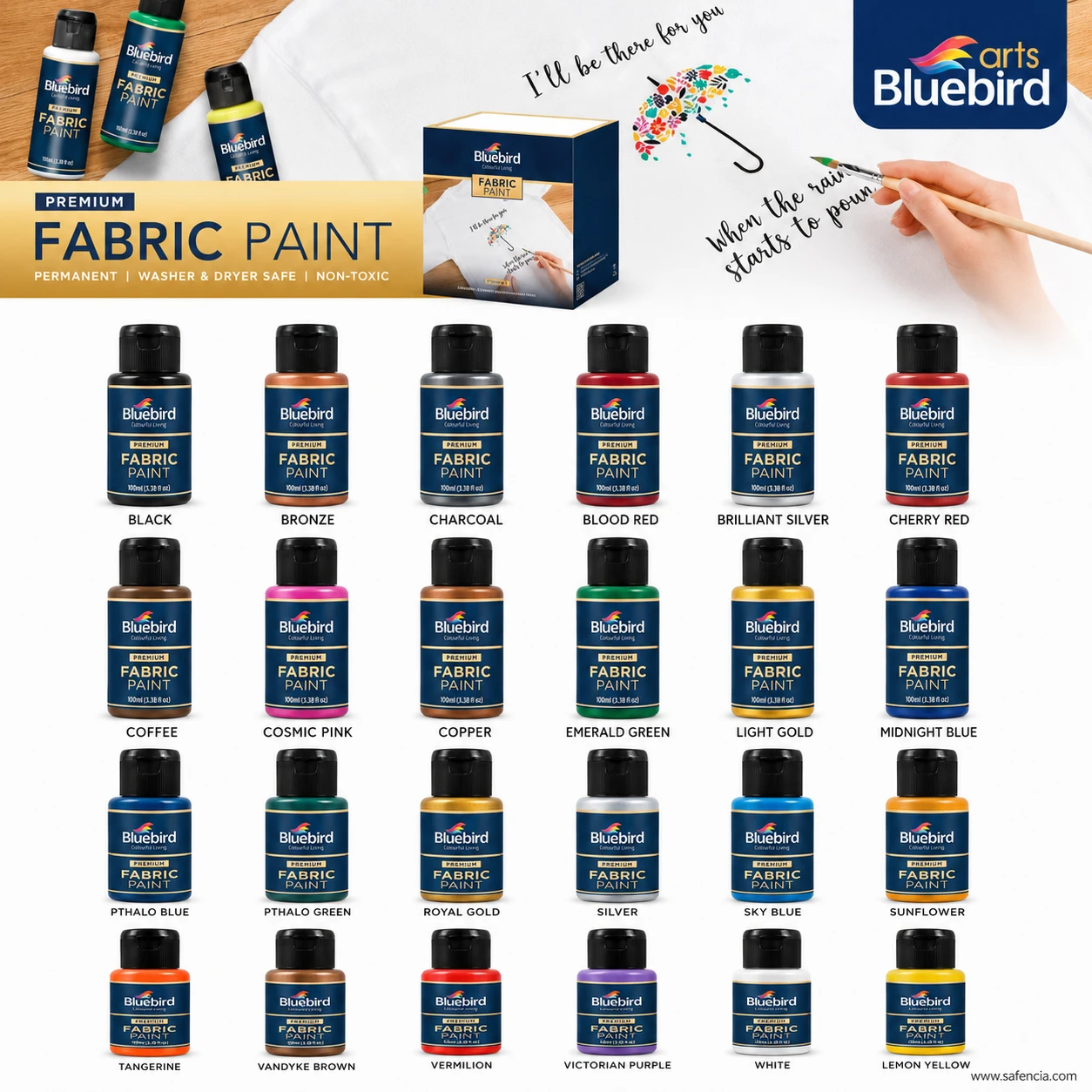Bluebird Arts Premium Fabric Paint 100 mL bottle lineup and 24-shade colour chart beside painted umbrella t-shirt artwork