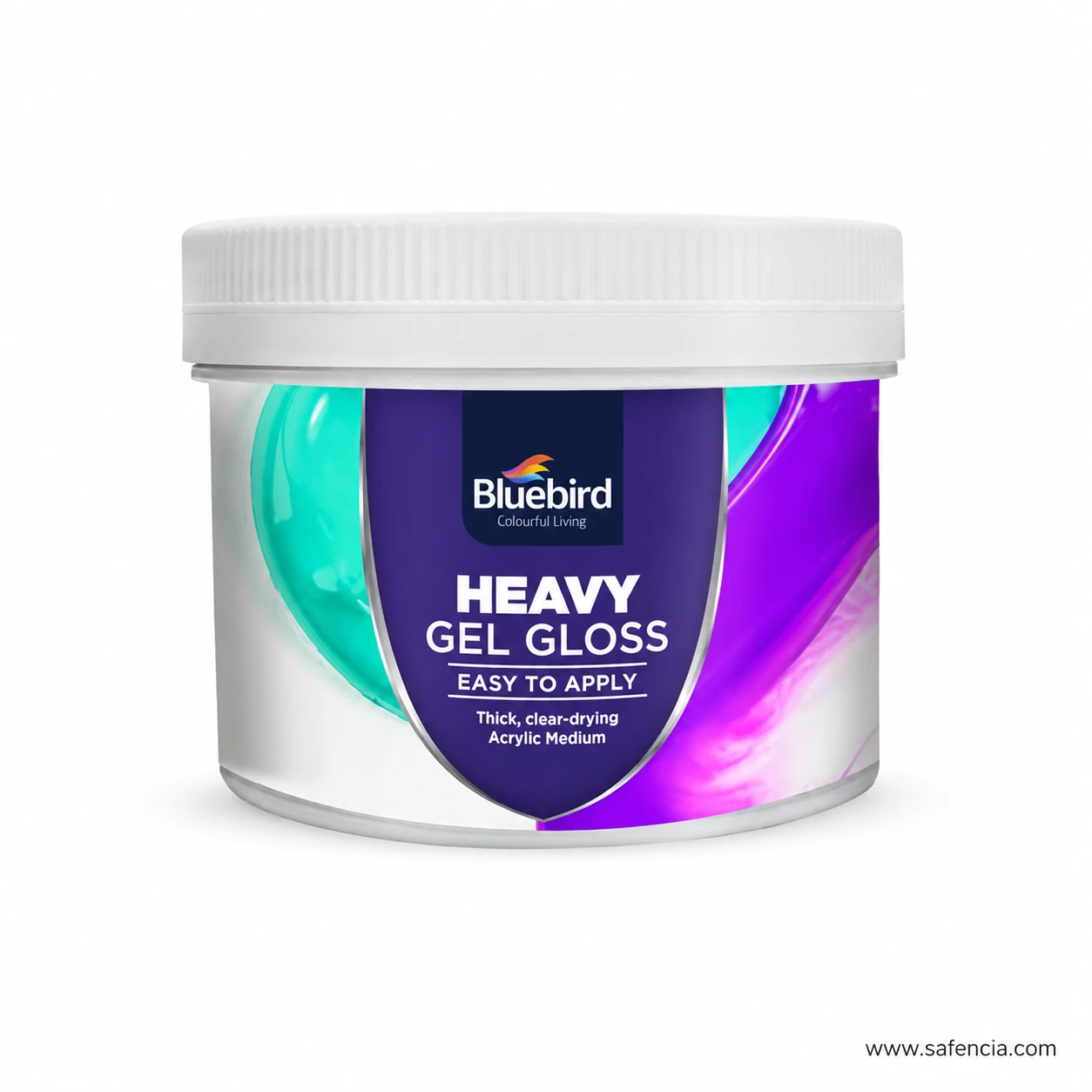 Bluebird Heavy Gel Gloss jar side view showing easy to apply clear drying label text