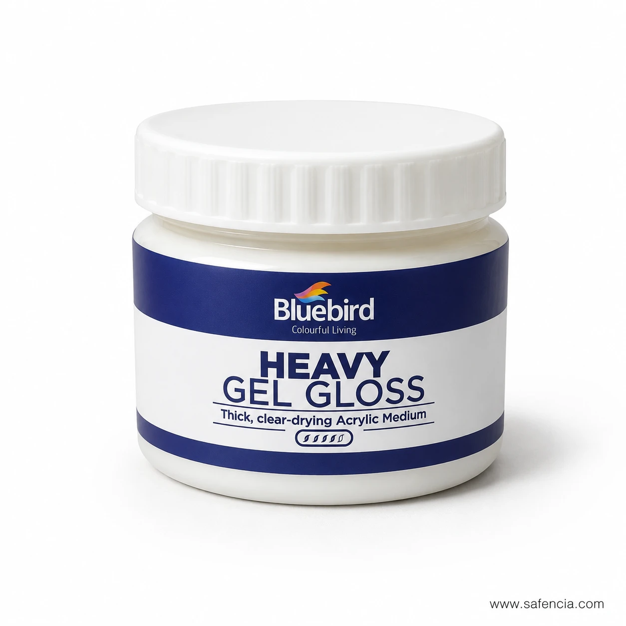 Bluebird Heavy Gel Gloss jar angled studio shot with white screw-on cap on white background