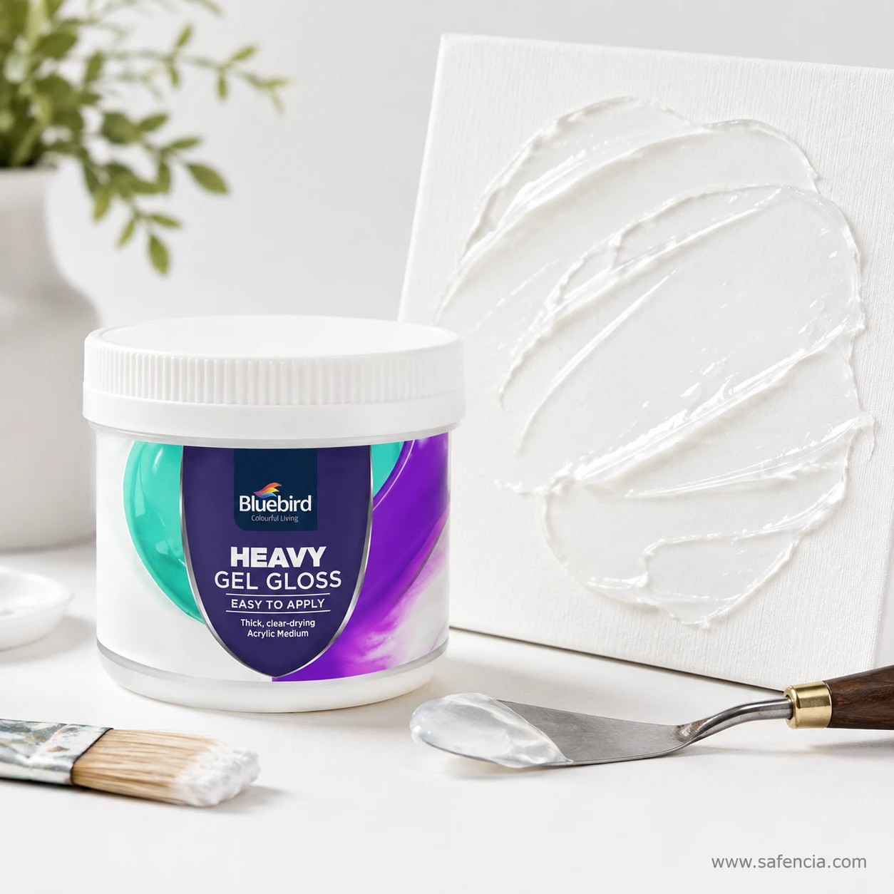 Bluebird Heavy Gel Gloss studio still life beside white canvas featuring heavy sculptural impasto ridges