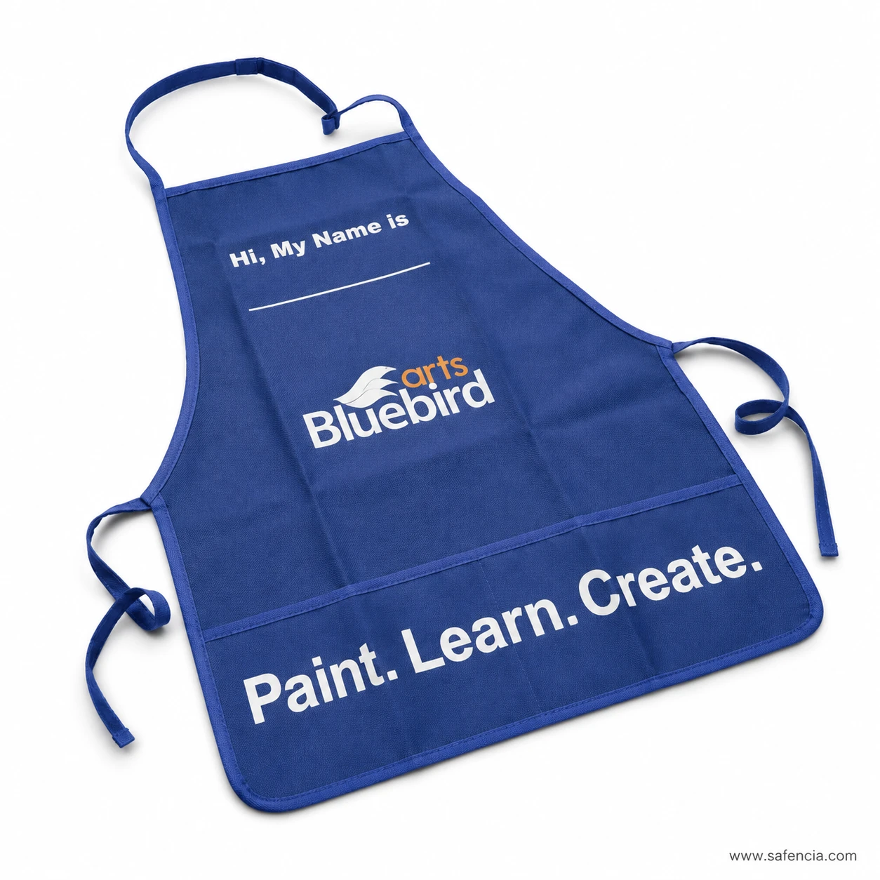 Bluebird Kids Apron angled flat display showing neck loop and long side tie cords on white background