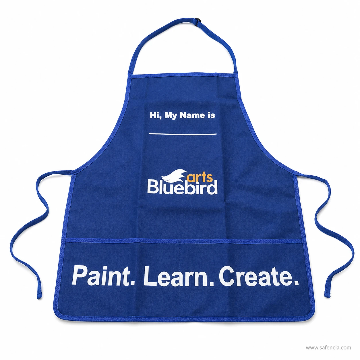Bluebird Kids Aprons studio presentation on white background showing durable stitching and bright color