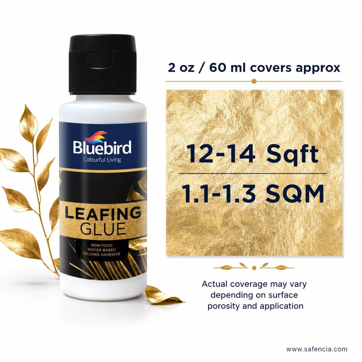 Bluebird Leafing Glue coverage guide infographic showing 60ml covers 12-14 sqft of gold leaf surface area