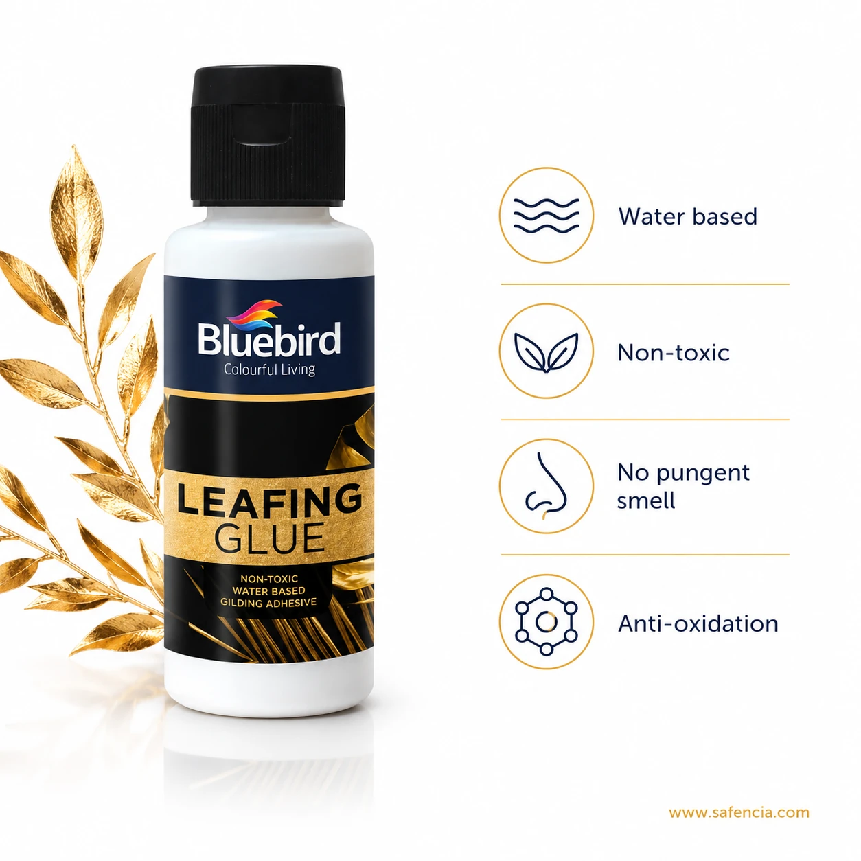Bluebird Leafing Glue product promo highlighting water-based, non-toxic, no pungent smell, anti-oxidation