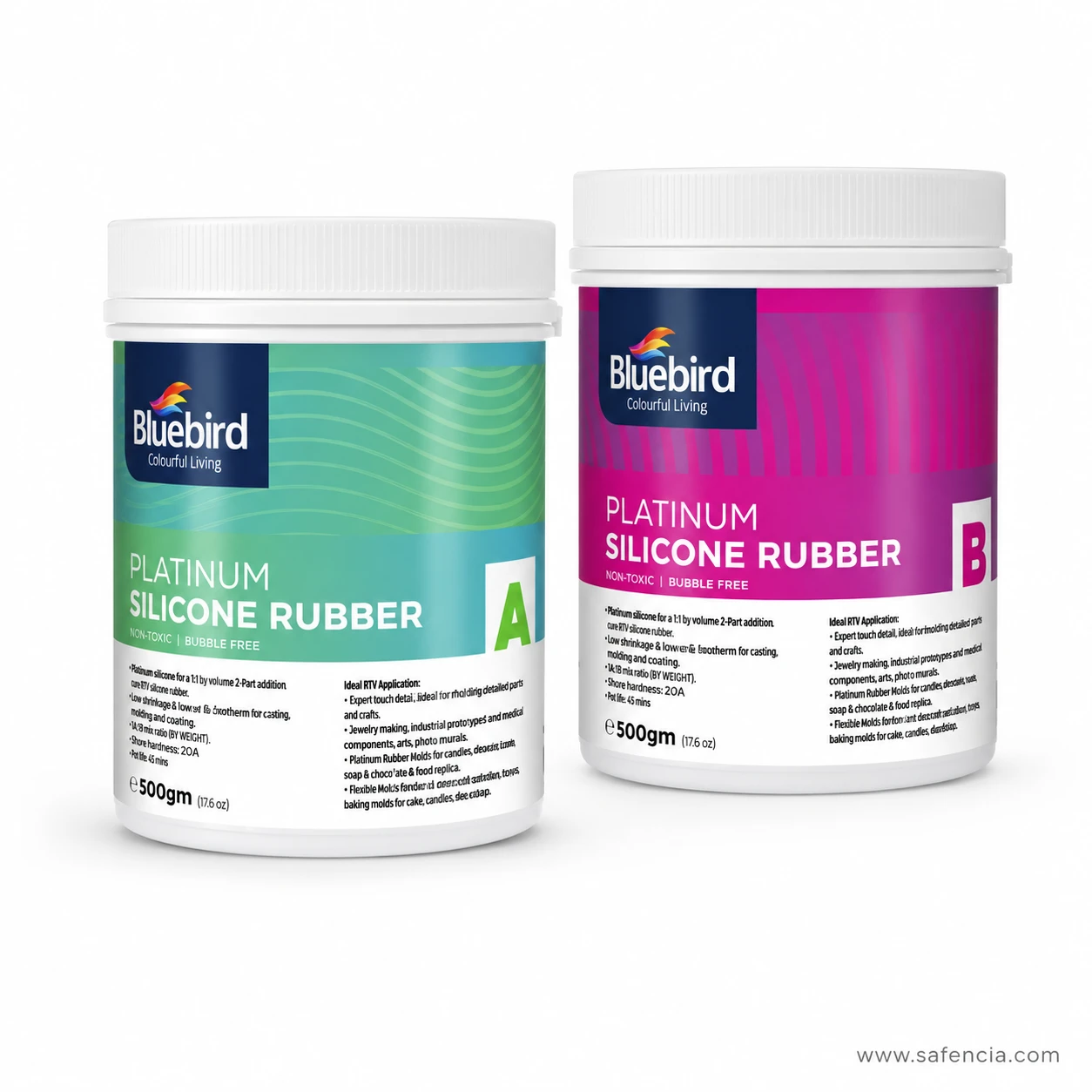 Bluebird Platinum Silicone 1 kg Set displaying 1:1 mix ratio, non-toxic, and bubble-free label details