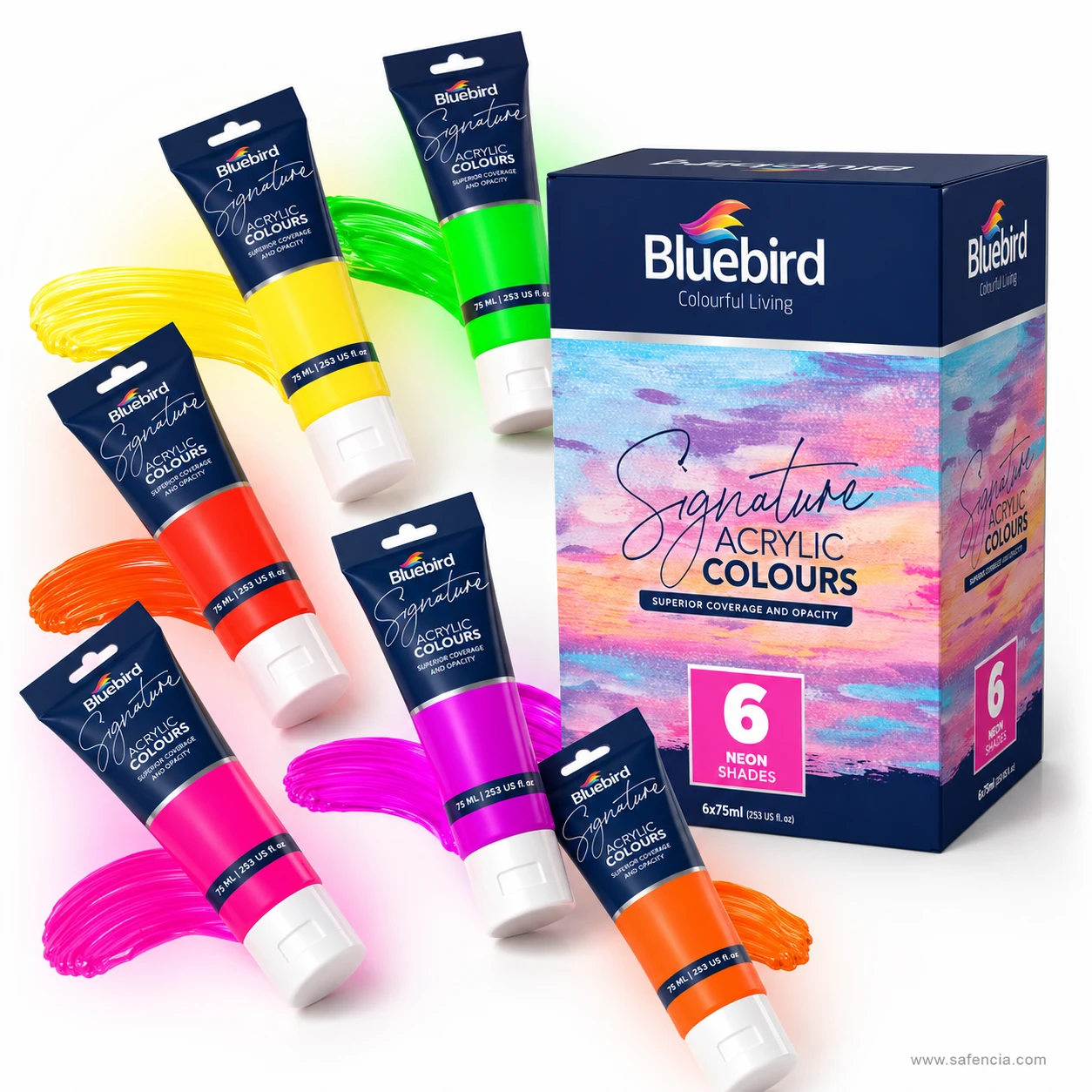 Bluebird Signature Neon acrylic tubes shown with thick dynamic textured paint splashes and brush strokes