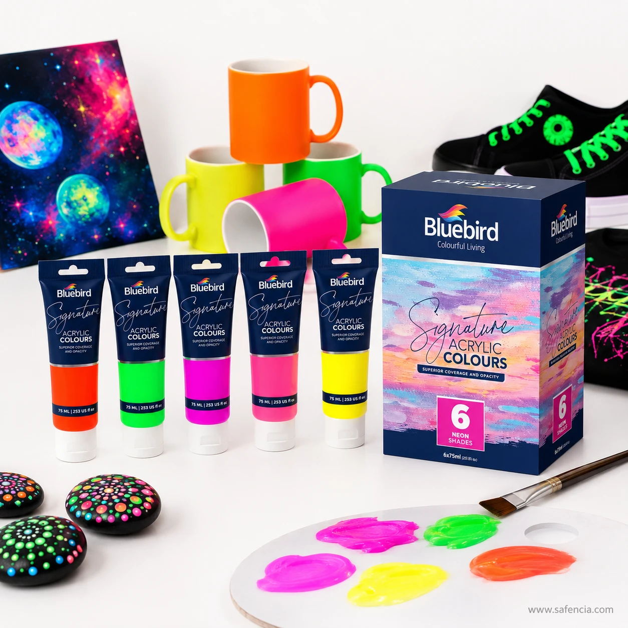 Bluebird Signature Neon acrylics demonstrated on painted mugs, canvas artwork, dot painted stones, and shoes