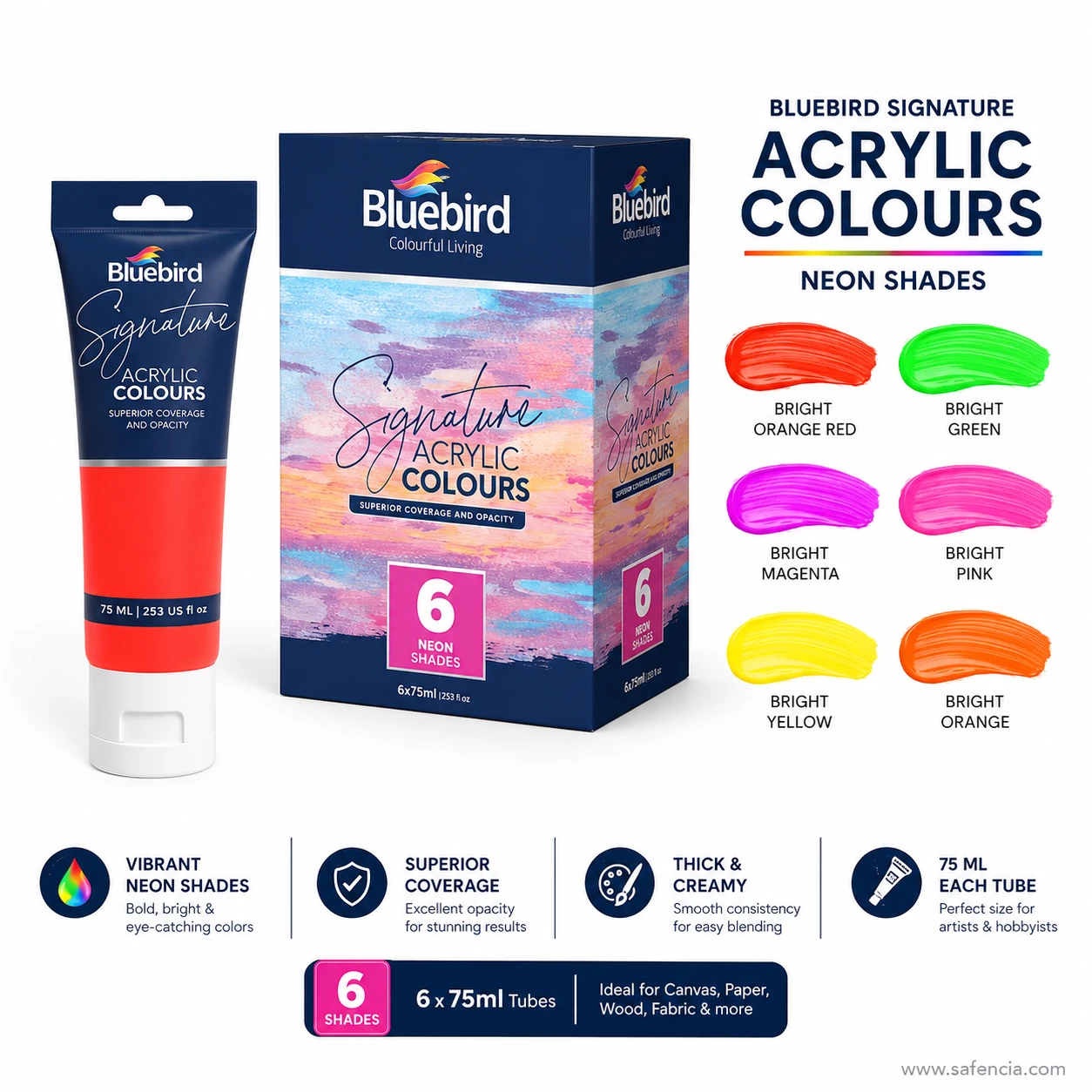 Bluebird Signature Acrylic Colours Neon shade chart and feature badges highlighting thick creamy consistency