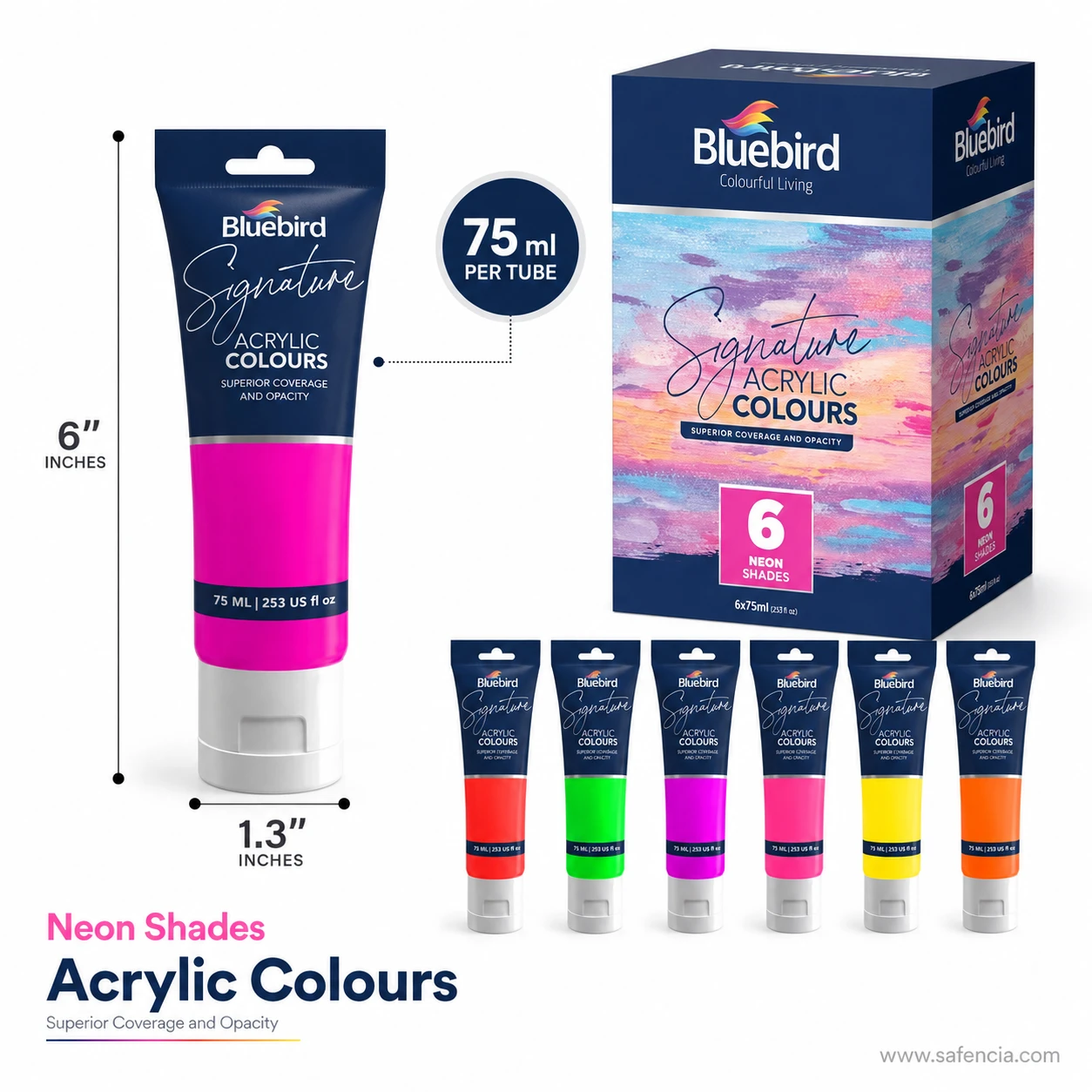 Bluebird Signature Acrylic Colours 75 mL tube dimension diagram showing 6 inch height and 1.3 inch width