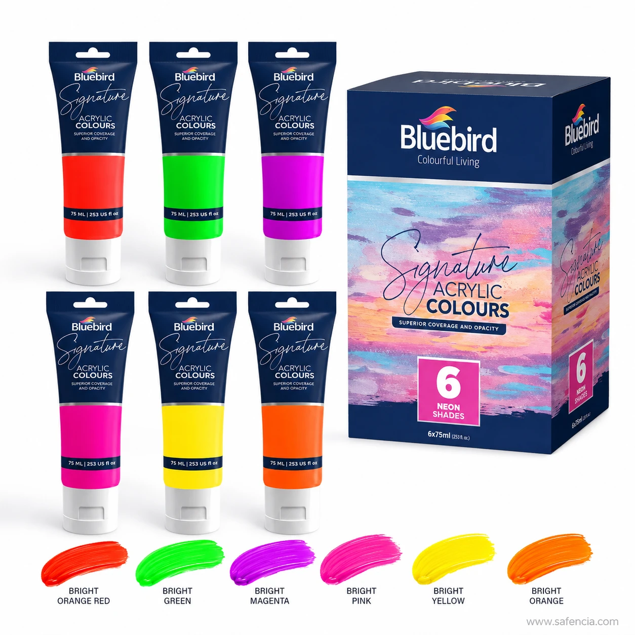 Bluebird Signature Acrylic Colours 75 mL Neon six tubes arranged in grid beside retail box with paint strokes