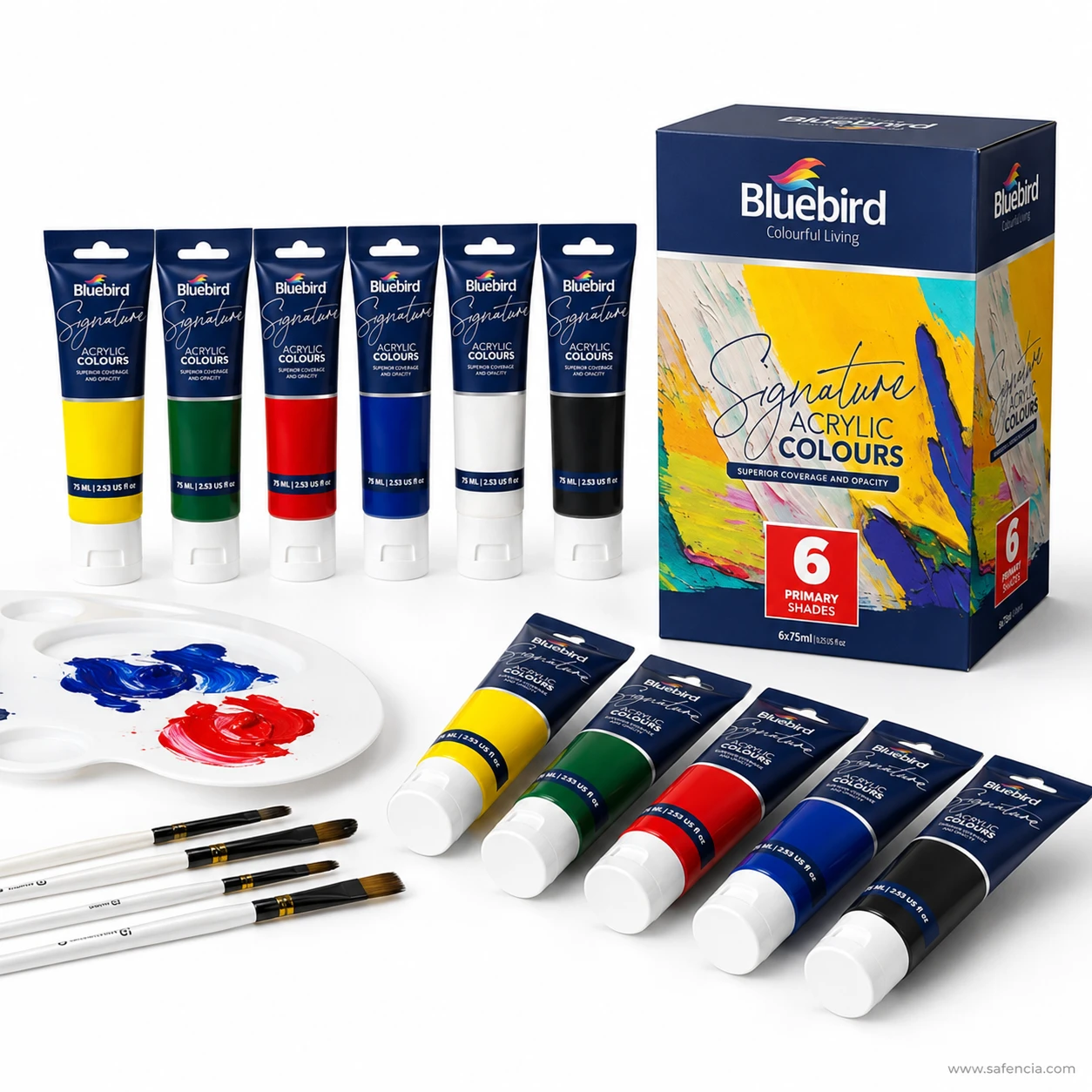 Bluebird Signature Primary acrylic tubes arranged around artist palette with brushes and paint swatches