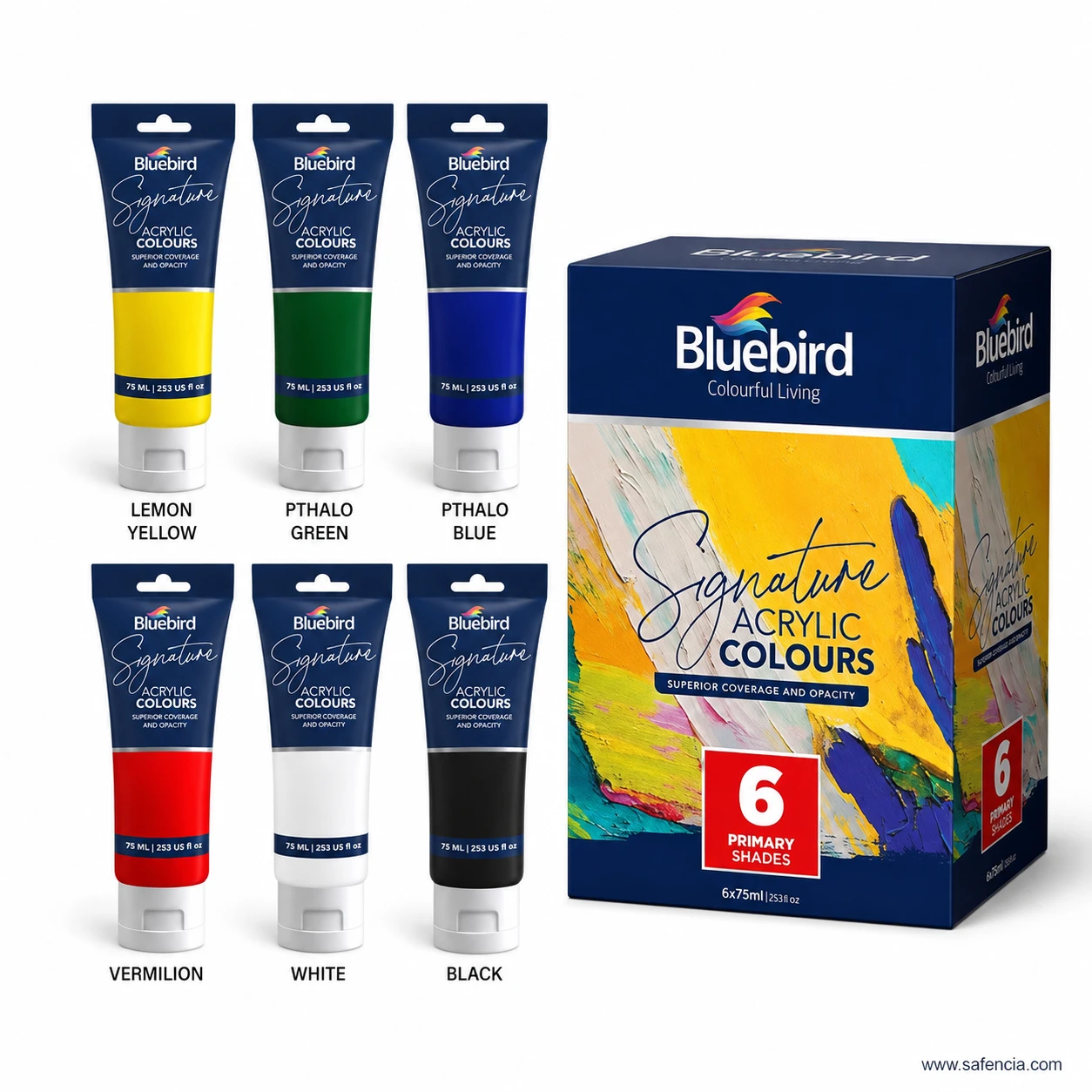 Bluebird Signature Primary acrylic shade chart displaying Lemon Yellow, Pthalo Green, Blue, Vermilion, White, Black